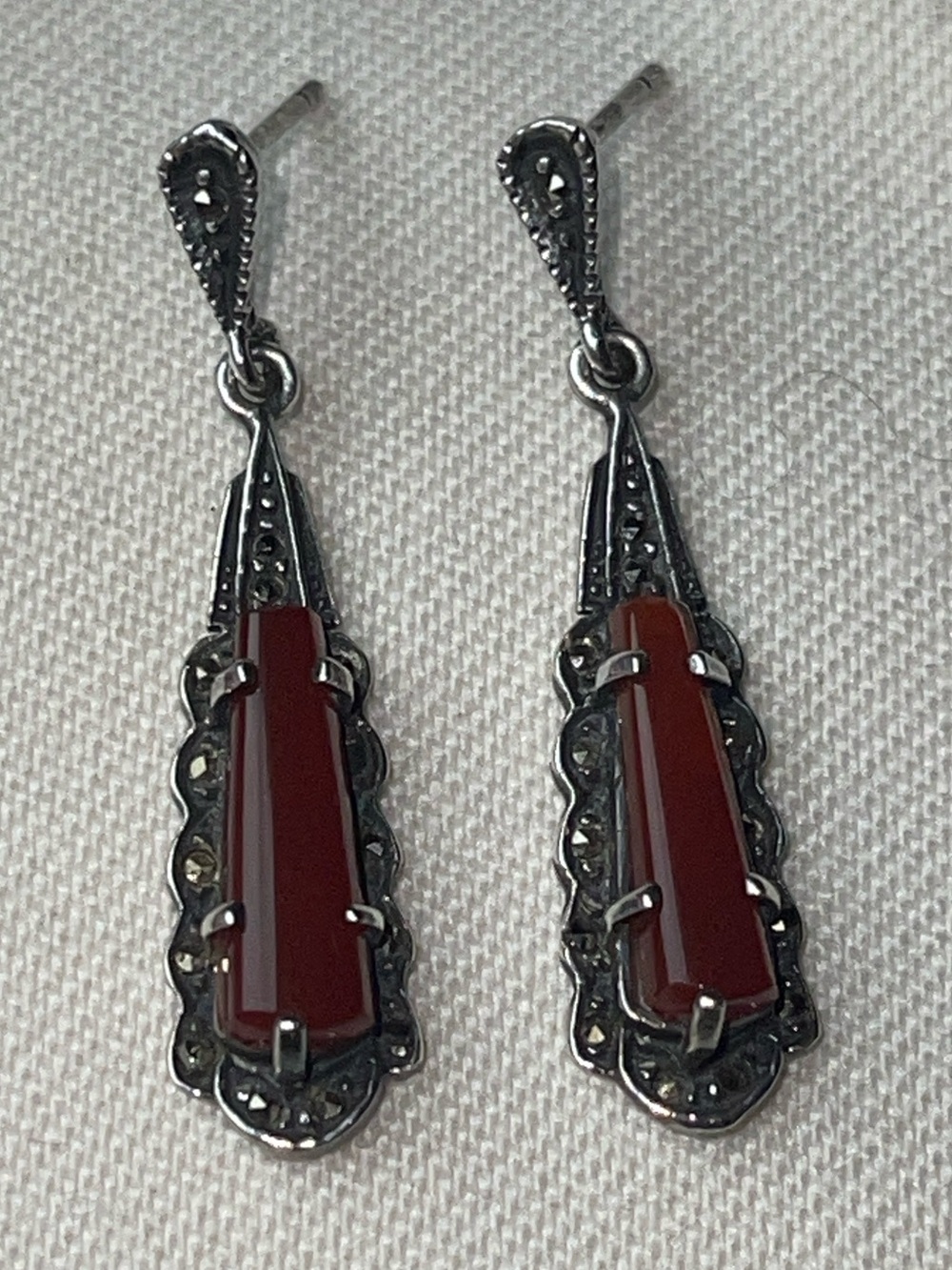 Carnelian Agate and Marcasite 1.5” dangle earrings stamped CW (Charles Winston?)
